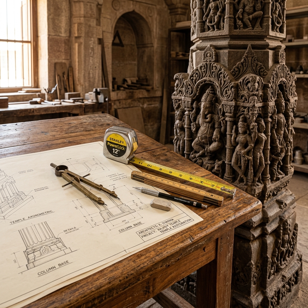 Architectural tools and stone pillar