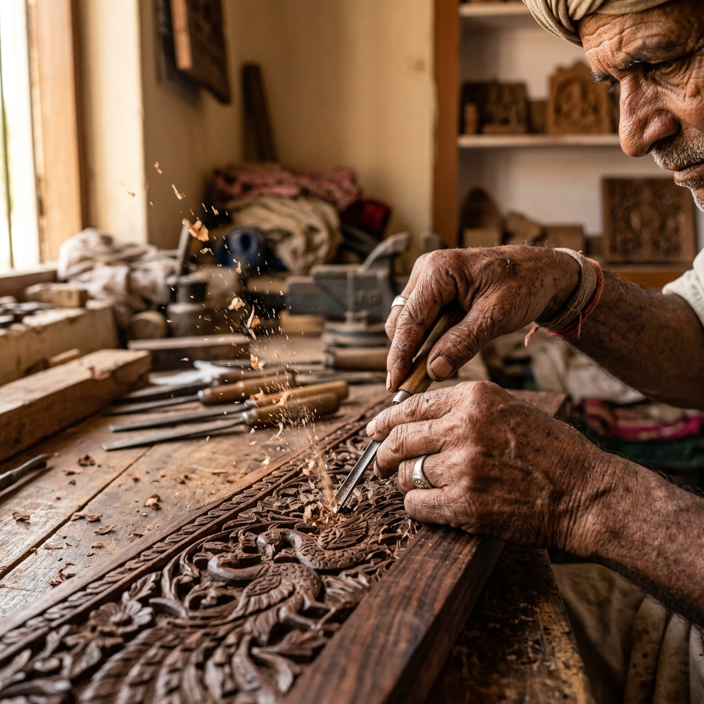 Master artisan carving traditional Indian woodwork