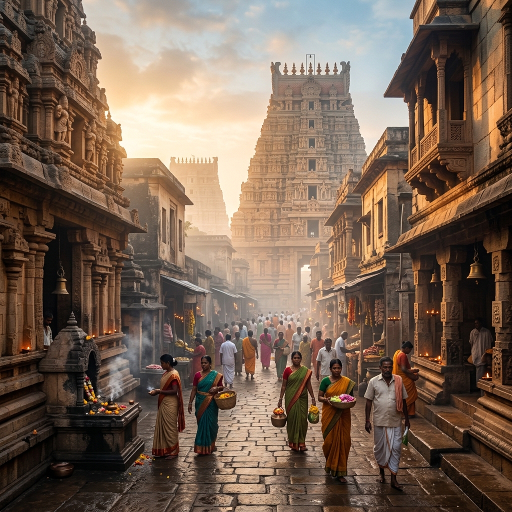 Indian temple street at dawn