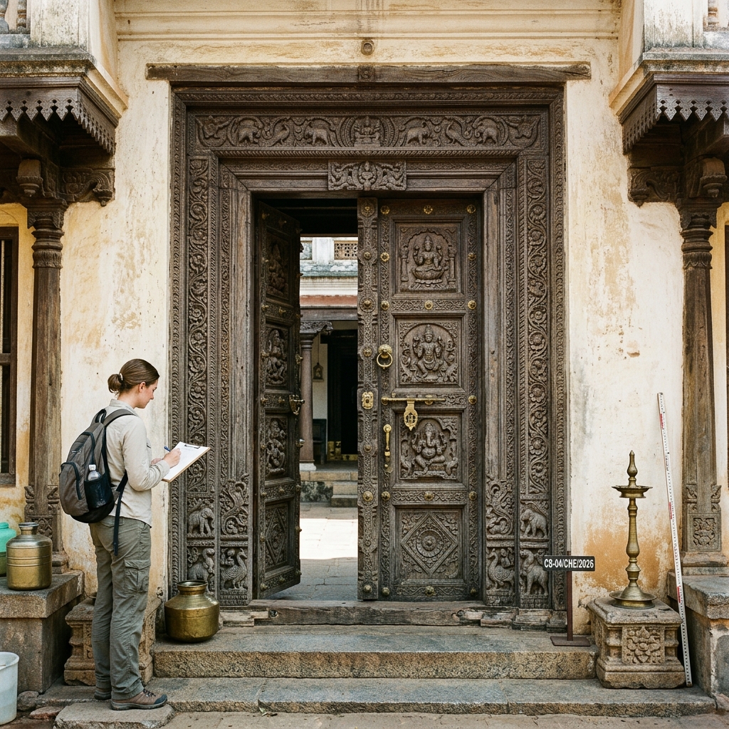 Carved teak door, Chettinad mansion. Field survey, 2026.